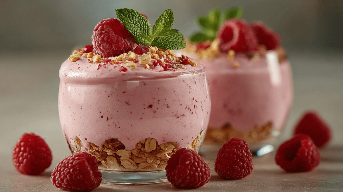 Zwei Gläser mit veganer Himbeer-Mousse, gebettet auf Müsli. Dekoriert mit einer Himbeere, Minze und Müsli.