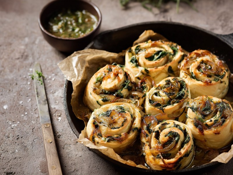Eine tiefe Gusseisen-Pfanne mit veganen Spinat-Schnecken. Daneben liegt ein dünnes Messer. Außerdem steht eine kleine Schale mit flüssiger Knoblauchbutter daneben.