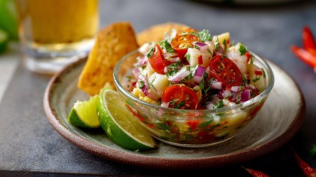 Eine kleine Glasschale mit veganem Ceviche aus Palmherzen. Die Schale steht auf einem kleinen Teller, auf dem noch Limettenstücke und Chips liegen. Im Hintergrund kann man ein Glas Bier erkennen. Außerdem kann man ringsum einige rote Chilischoten erahnen.