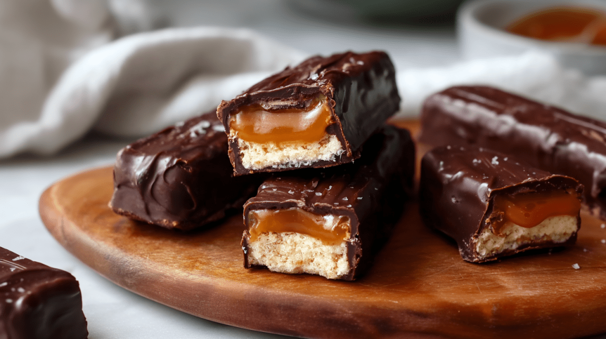 Fünf vegane Twix liegen auf einem Holzbrett. Im Hintergrund sieht man ein Küchentuch. Drei Riegel sind aufgeschnitten und geben den Blick auf die Karemell-Keksfüllung frei.