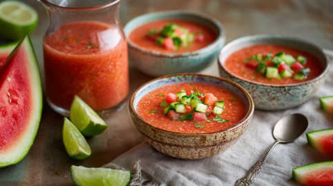 Drei kleine Schüsseln mit Wassermelonen-Gazpacho.