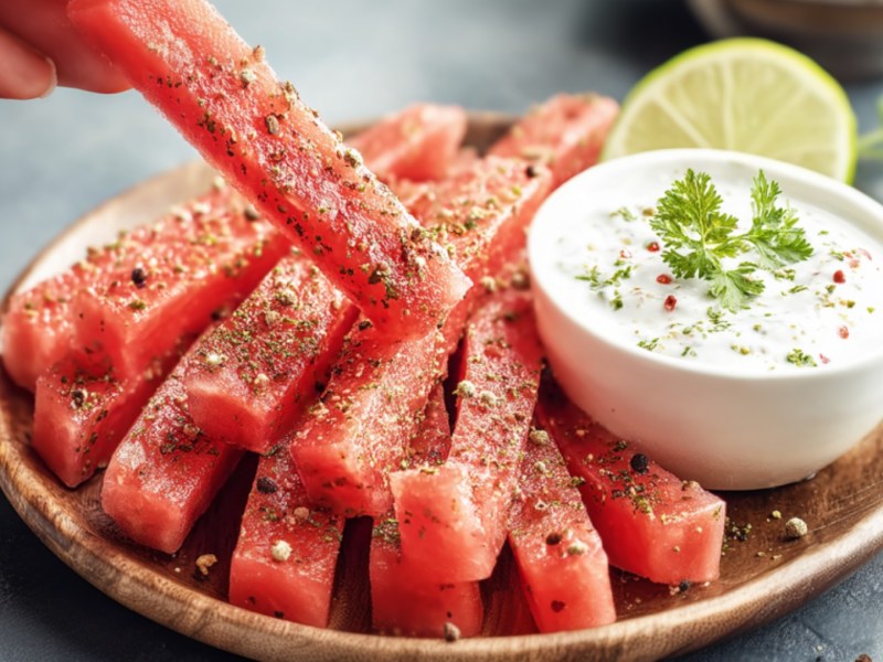 Wassermelonen-Pommes mit Dip auf einem Teller. Jemand nimmt sich eine Pommes.