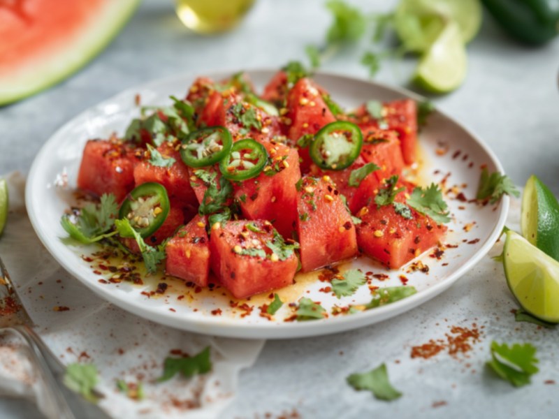 Würziger Wassermelonensalat auf einem Teller mit Jalapeños und Koriander.