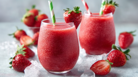 Zwei Gläser mit Wein-Slushy mit Erdbeeren sind zu sehen. Außen herum liegen Erdbeeren und Eiswürfel.