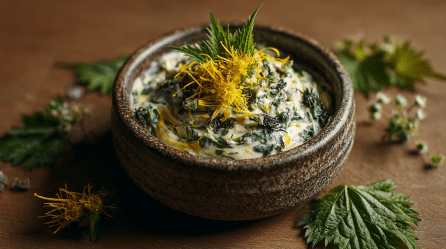 Eine Schale Wildkräuterbutter, dekoriert mit Löwenzahnblüten und Brennnesselblättern.