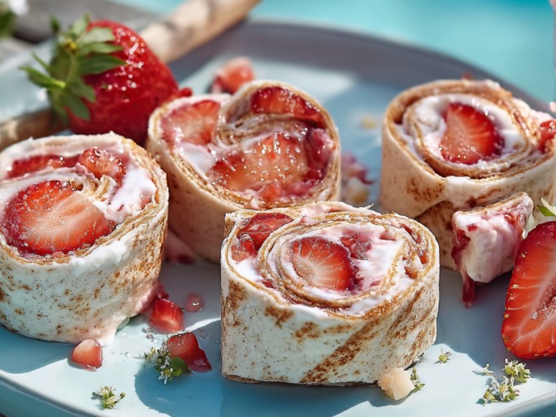 Vier süße Wrap-Röllchen mit Erdbeeren auf einem Teller. Drumherum liegen frische Erdbeeren.