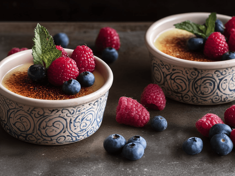 Yoghurt-Brulée mit Beeren, serviert in zwei Schälchen. Dekoriert mit frischen Beeren und frischer Minze.