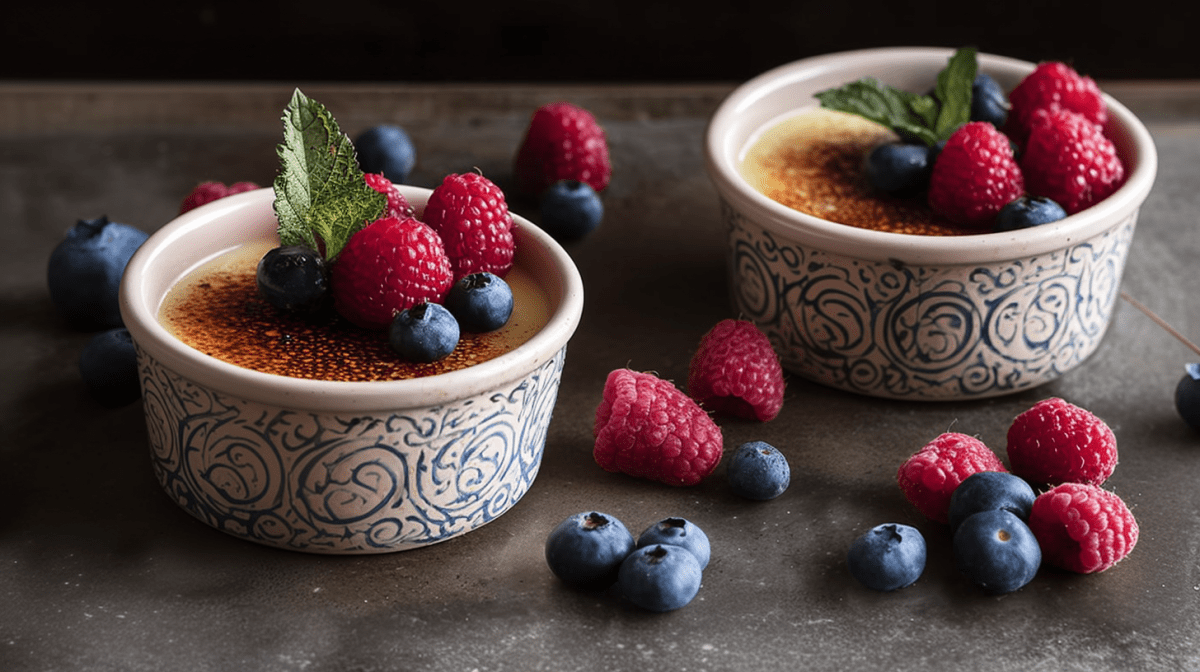 Yoghurt-Brulée mit Beeren, serviert in zwei Schälchen. Dekoriert mit frischen Beeren und frischer Minze.