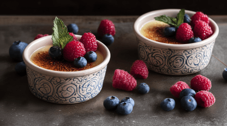 Yoghurt-Brulée mit Beeren, serviert in zwei Schälchen. Dekoriert mit frischen Beeren und frischer Minze.