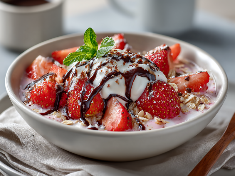 Eine Yogurette-Bowl auf einem Frühstückstisch. Die Bowl steht auf einem Unterteller auf einem Tuch. Rechts neben der Bowl liegt ein Holzlöffel. Im Hintergrund stehen zwei Kaffeetassen.