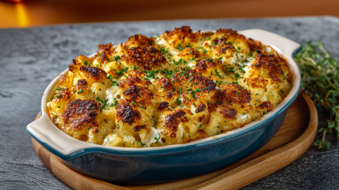Eine Auflaufform mit Ziegenkäse Mac and Cheese auf einem Holzuntersetzer. Daneben liegen frische Kräuter.