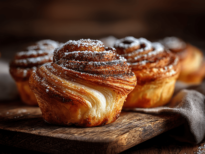 Mehrere Zimtschnecken Cruffins stehen auf einem rustikalen Holzbrett.