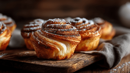 Mehrere Zimtschnecken Cruffins stehen auf einem rustikalen Holzbrett.