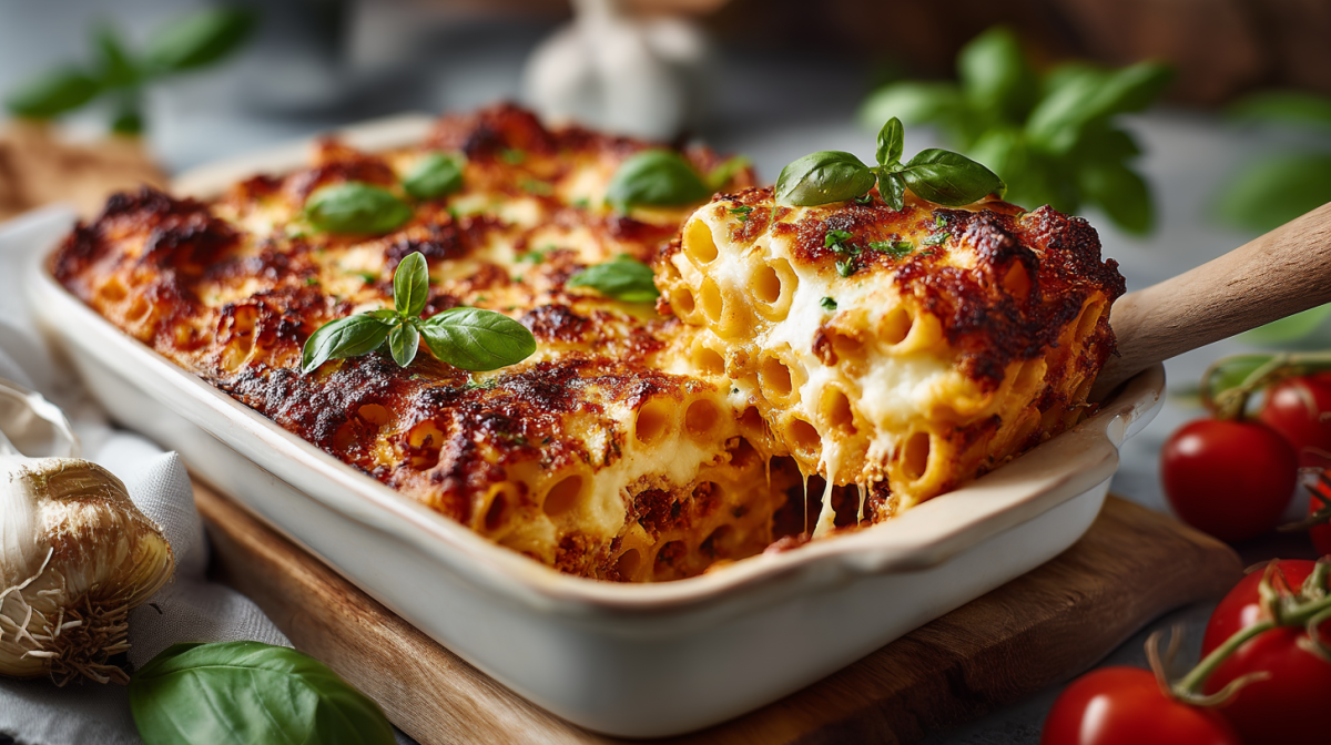 Ziti al forno in einer weißen Auflaufform. Ein Holzlöffel hebt eine Portion heraus. Die Form steht auf einem Holzbrett. Drumherum liegt Basilikum, Tomaten und Knoblauch verteilt.