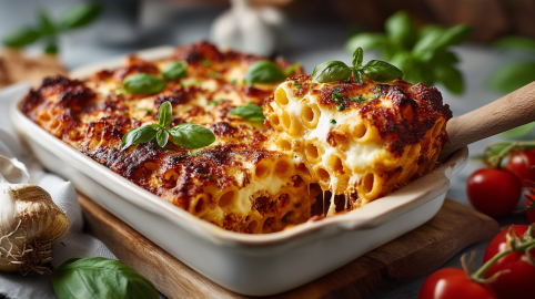 Ziti al forno in einer weißen Auflaufform. Ein Holzlöffel hebt eine Portion heraus. Die Form steht auf einem Holzbrett. Drumherum liegt Basilikum, Tomaten und Knoblauch verteilt.