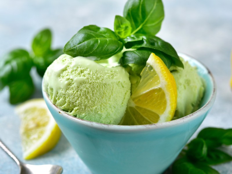 Eine Schale mit zwei Kugeln Zitronen-Basilikum-Sorbet, garniert mit frischem Basilikum und Zitronenscheiben.