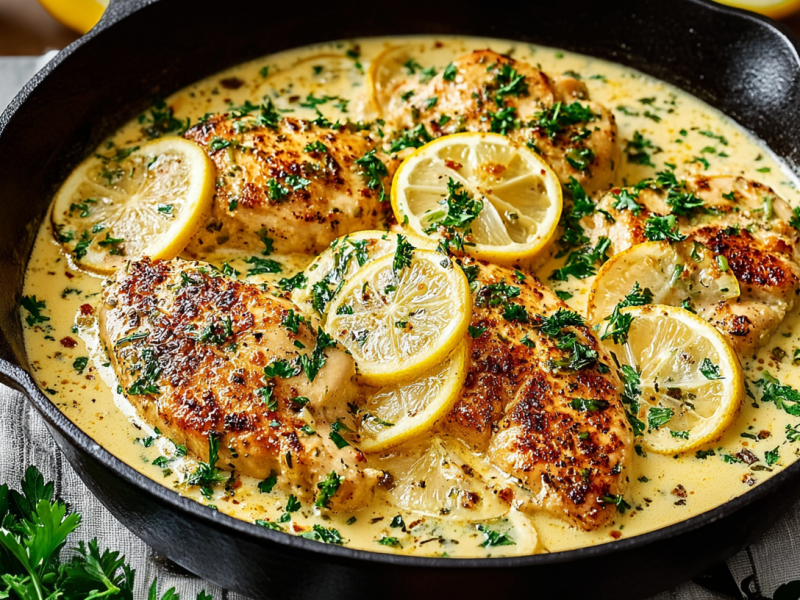 Zitronen-Knoblauch-Hähnchen in einer gusseisernen Pfanne.
