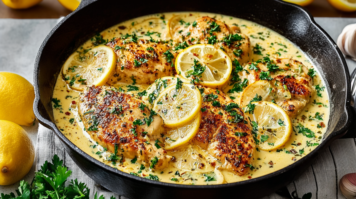Zitronen-Knoblauch-Hähnchen in einer gusseisernen Pfanne.