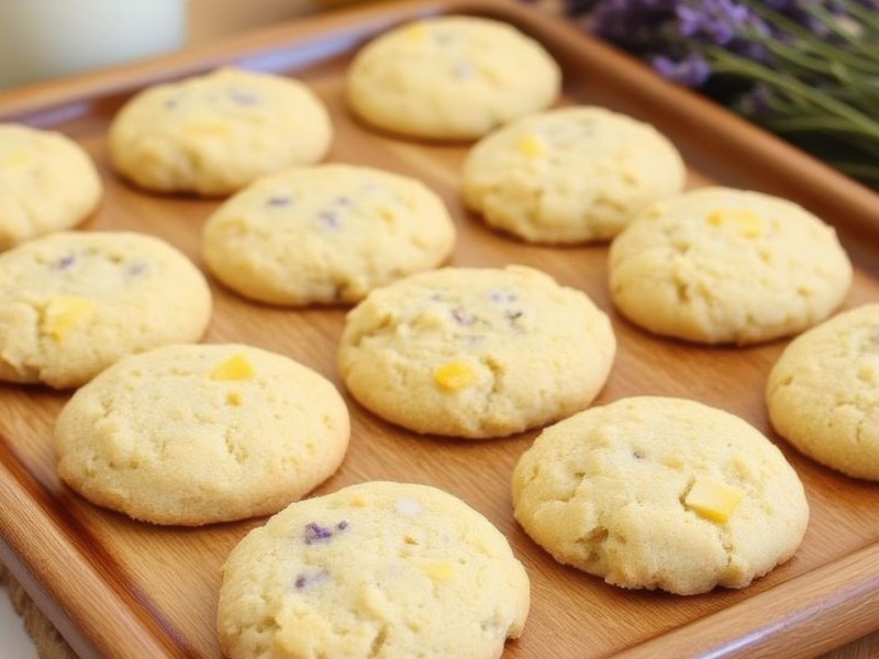 Mehrere Reihen Zitronen-Lavendel-Kekse auf einem Backblech.