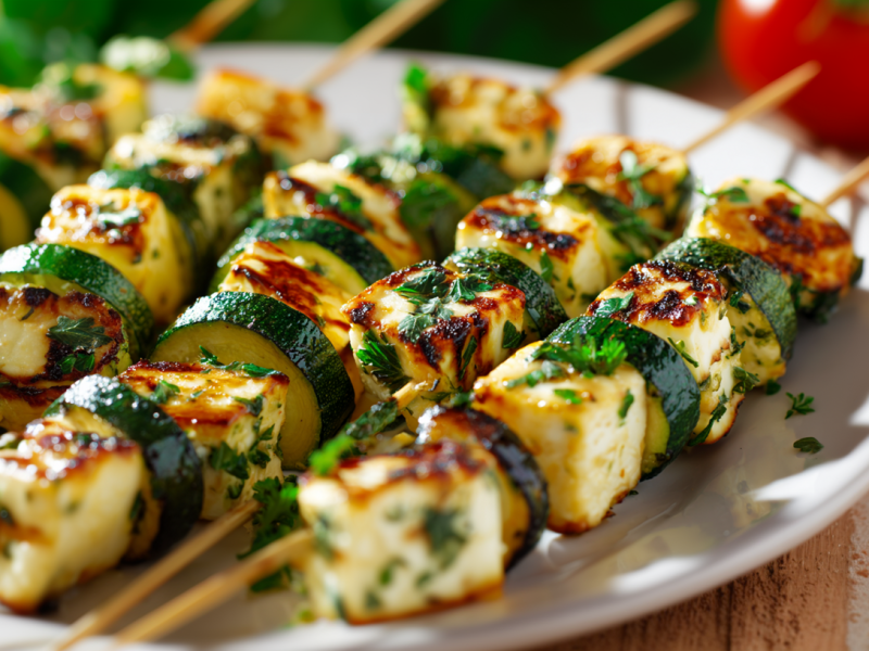 Ein Teller mit Zucchini-Halloumi-Spießen vom Grill.