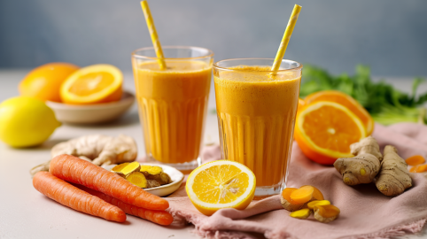 Zwei Gläser mit ACE-Smoothies, dekoriert mit Strohhalmen. Außen herum liegen Karotten, Zitronen, Ingwer und Orangen als Dekoration.