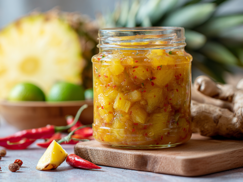 Ein Glas mit Ananas-Chutney auf einem Holzbrett. Im Hintergrund sieht man eine aufgeschnittene Ananas, Limetten, Ingwer, Chilis.