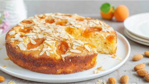 Angeschnittener Aprikosen-Mandel-Kuchen auf einem Teller