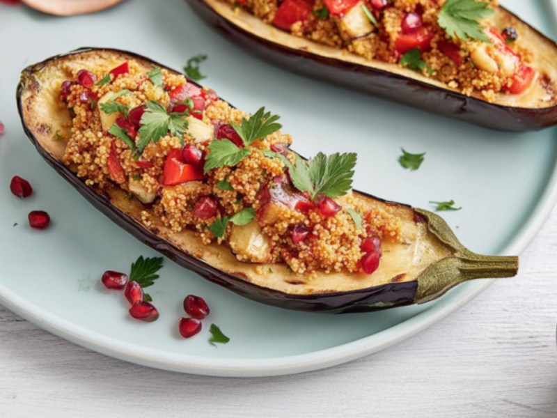 Mehrere Auberginen mit Couscous-Füllung auf einem Teller.