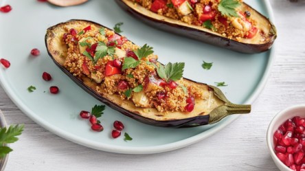 Mehrere Auberginen mit Couscous-Füllung auf einem Teller.