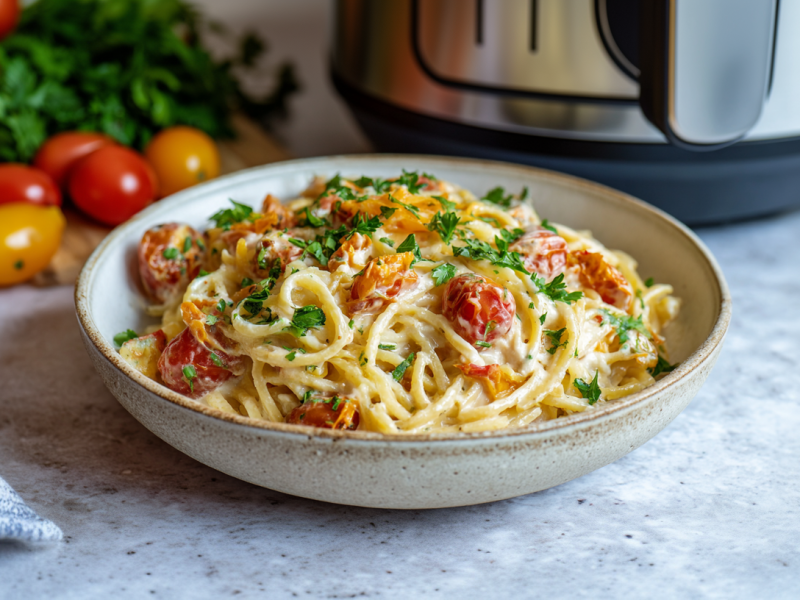 Ein Teller mit Baked Feta Pasta aus dem Airfryer. Hinten links liegen noch einige frische Tomaten. Hinten rechts sieht man einen angedeuteten Airfryer.