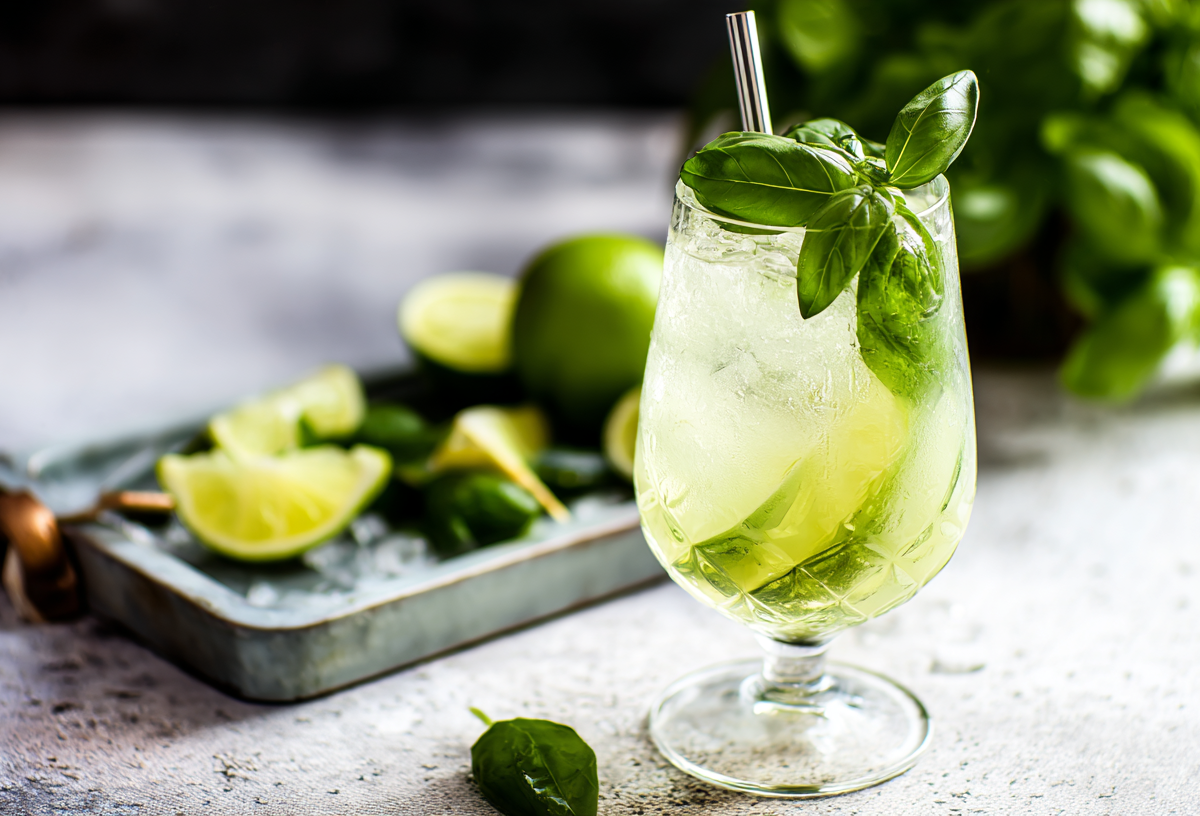 Ein Glas Basilikum Spritz vor einem Tablett mit Limetten und etwas Basilikum.