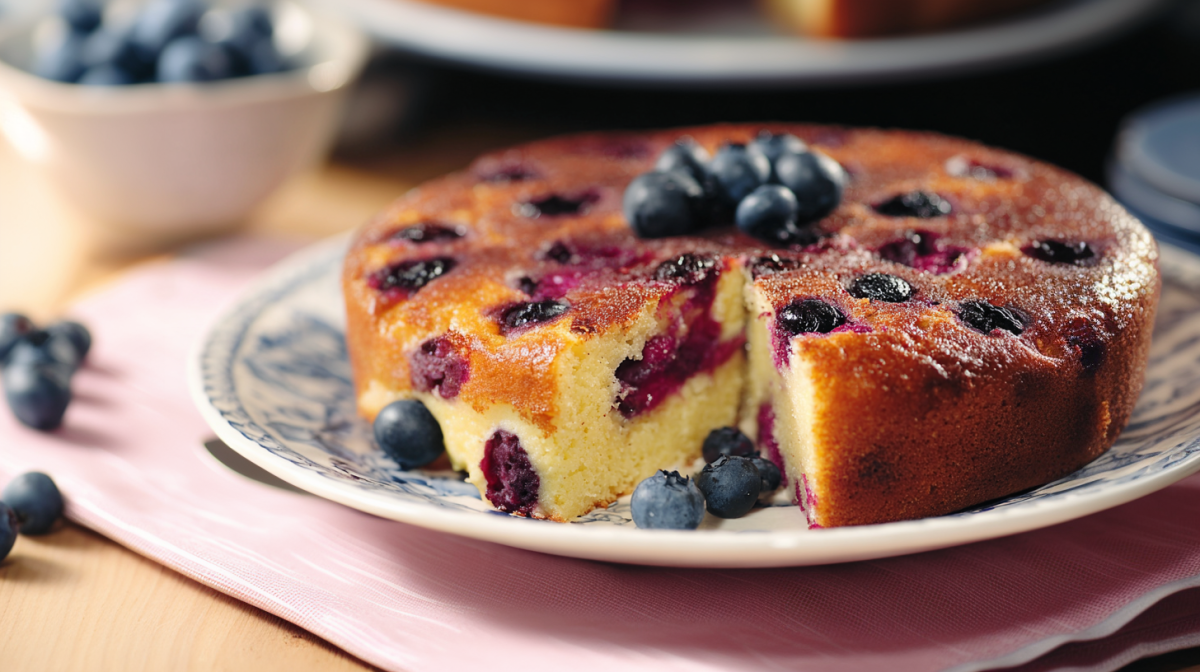 Ein Blaubeer-Hüttenkäsekuchen steht auf einem Teller. Im Hintergrund und links liegen noch einige Blaubeeren. Der Kuchen ist angeschnitten und mit frischen Blaubeeren dekoriert.