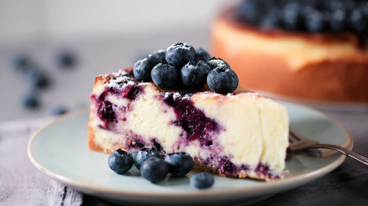 Ein Stück Blaubeer-Schmand-Cheesecake.