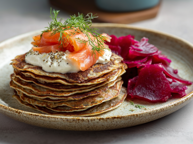 Mehrere Blinis aufeinandergestapelt auf einem Teller. Sie sind mit Crème fraîche, Lachs und Dill garniert. Rechts neben ihnen liegen mehrere Rote-Bete-Scheiben.