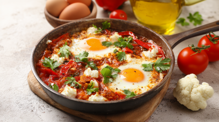 Eine Pfanne mit Blumenkohl-Shakshuka steht auf einem Brett.