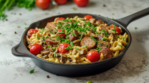 Eine Bratwurst-Spätzlepfanne auf einer Arbeitsplatte. Im Hintergrund sieht man noch Frühlingszwiebeln sowie Kirschtomaten.