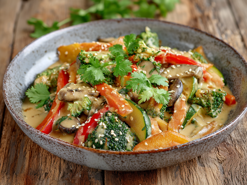 Eine Brokkoli-Gemüsepfanne mit Erdnusssoße in einer grauen Schüssel auf einem Holztisch. Im Hintergrund sieht man einen Zweig frische Petersilie.