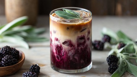Ein Glas mit einem Brombeer-Salbei-Iced-Latte, der einen Farbverlauf hat und mit frischen Salbeiblättern garniert ist. Ringsum liegen frische Brombeeren und Salbeizweige herum.