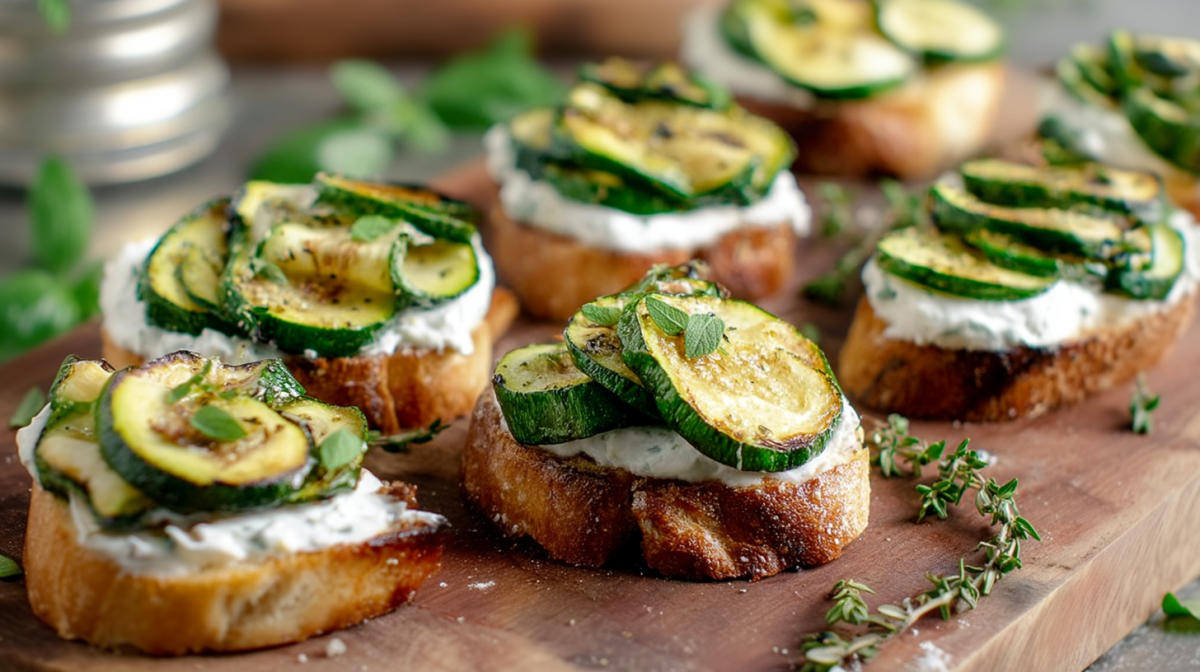 Ein Brett mit Bruschetta mit gegrillter Zucchini.