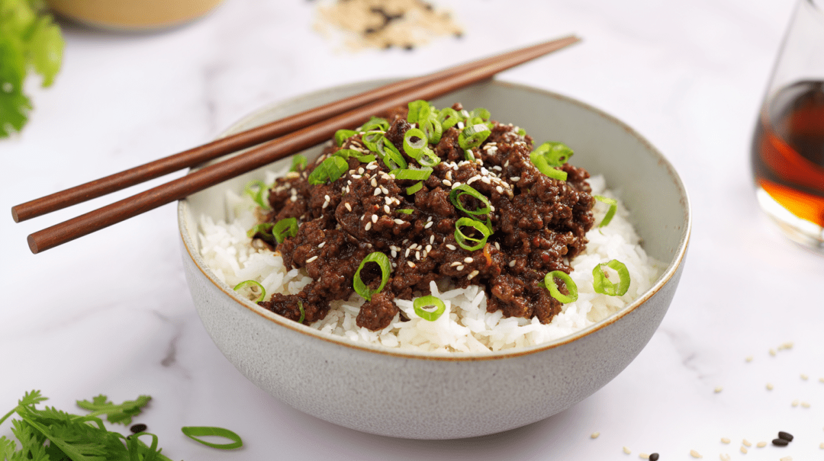 Eine Schale Bulgogi mit Hackfleisch auf hellem Untergrund. Auf der Schale liegen zwei Essstäbchen. Der Gericht ist mit Frühlingszwiebeln und Sesamsamen garniert.