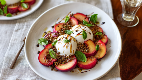 Burrata mit Pflaumen und Linsen auf einem großen Teller.