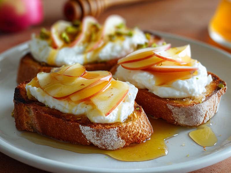 Drei Burrata-Toasts mit Apfel und Honig liegen auf einem Teller.
