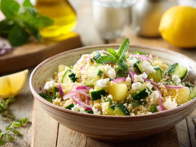Ein Teller mit einem Couscous-Salat mit Gurke und Melone, der auf einer Holzoberfläche steht. Im Hintergrund kann frische Zutaten wie Zitronen, Kräuter und rote Zwiebeln erkennen. Auch ein Gefäß mit Öl ist zu sehen.