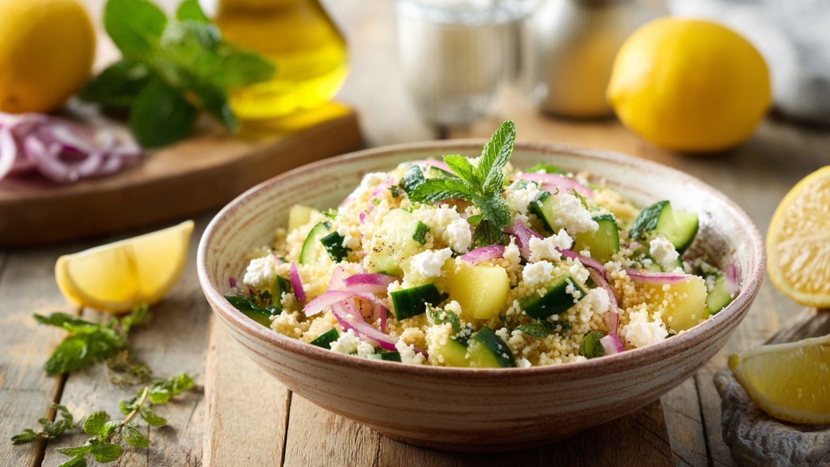 Ein Teller mit einem Couscous-Salat mit Gurke und Melone, der auf einer Holzoberfläche steht. Im Hintergrund kann frische Zutaten wie Zitronen, Kräuter und rote Zwiebeln erkennen. Auch ein Gefäß mit Öl ist zu sehen.