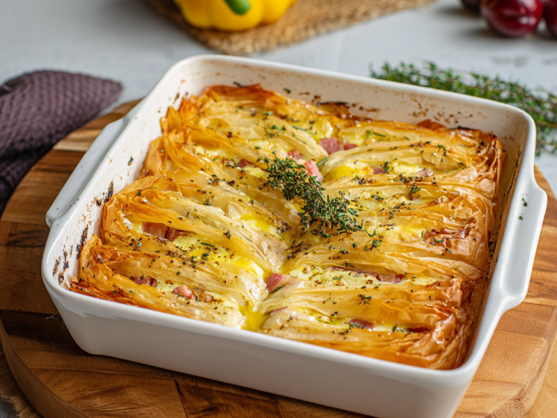 Eine Auflaufform mit Crinkle Cake auf einem Holzbrett. Im Hintergrund sieht man eine gelbe Paprika, Cherrytomaten und getrockneten Thymian.