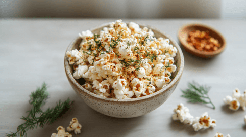 Eine Schale mit Dill-Popcorn auf einem grauen Tisch. Um die Schale liegt etwas Popcorn verteilt sowie Dill und hinten rechts steht ein Schälchen mit Chiliflocken.
