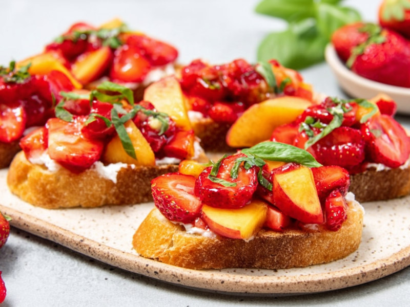 Erdbeer-Nektarinen-Bruschetta, angerichtet auf einem Brett. Im Vordergrund liegt eine Erdbeere, im Hintergrund ist eine Schale mit den Beeren zu sehen.