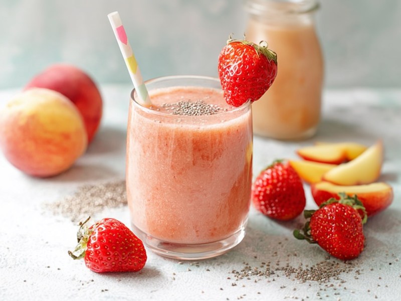 Ein Glas Erdbeer-Pfirsich-Smoothie, in dem ein Strohhalm steckt und das mit einer Erdbeere am Glasrand dekoriert ist. Um das Glas herum liegen frische Erdbeeren, im Hintergrund zwei Pfirsiche sowie ein paar Pfirsich-Schnitze.