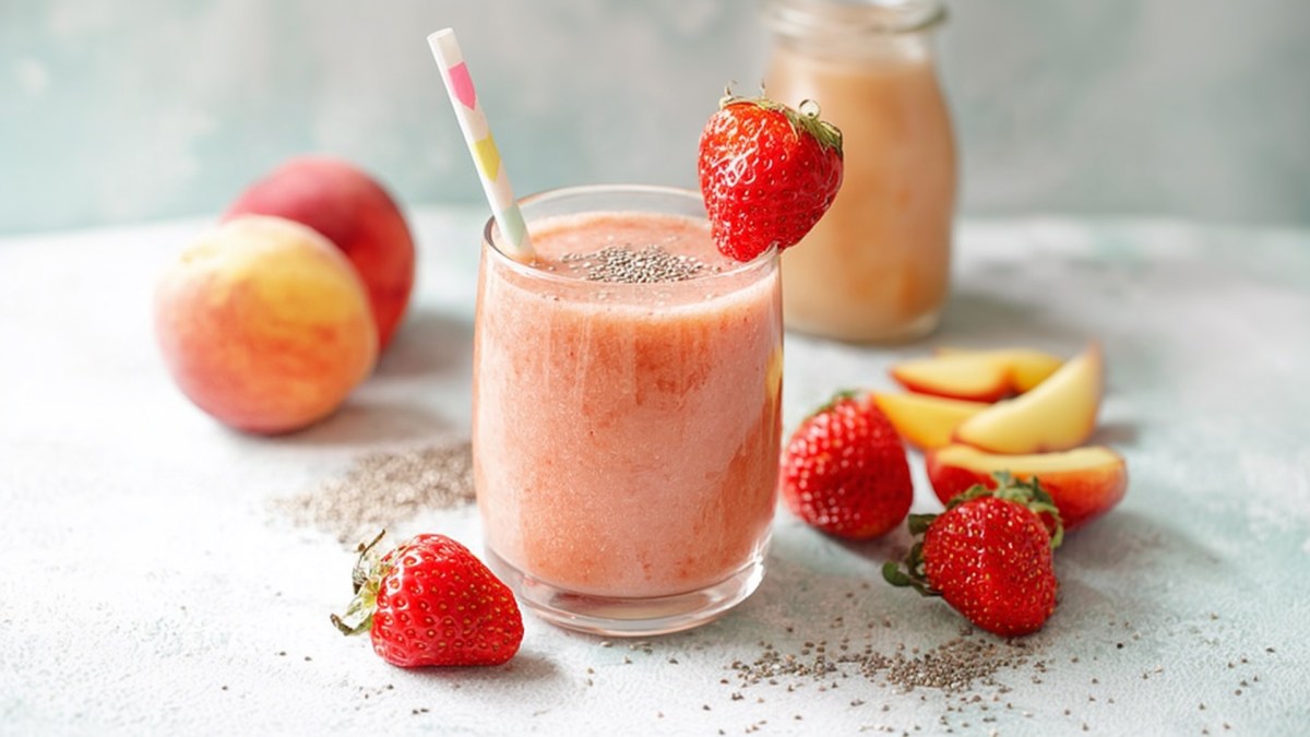 Ein Glas Erdbeer-Pfirsich-Smoothie, in dem ein Strohhalm steckt und das mit einer Erdbeere am Glasrand dekoriert ist. Um das Glas herum liegen frische Erdbeeren, im Hintergrund zwei Pfirsiche sowie ein paar Pfirsich-Schnitze.