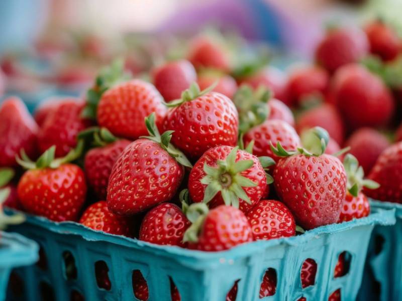 Mehrere Schalen Erdbeeren mit Erdbeergrün dran